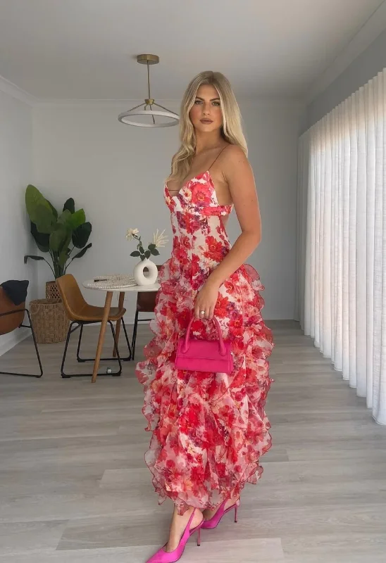 Red Floral Printed A-Line Backless Ruffle Long Party Dress, DP2023 A-Line Day Work