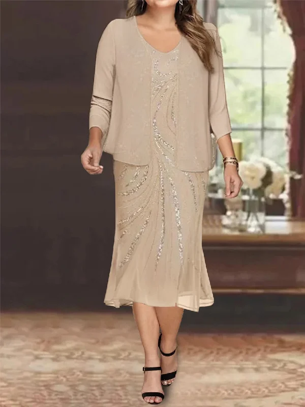 Chiffon 2 Pieces V-Neck Knee-Length Plus Size Mother of the Bride Dresses with Jacket & Sequins Trench Coat Raincoat Waterproof Jacket
