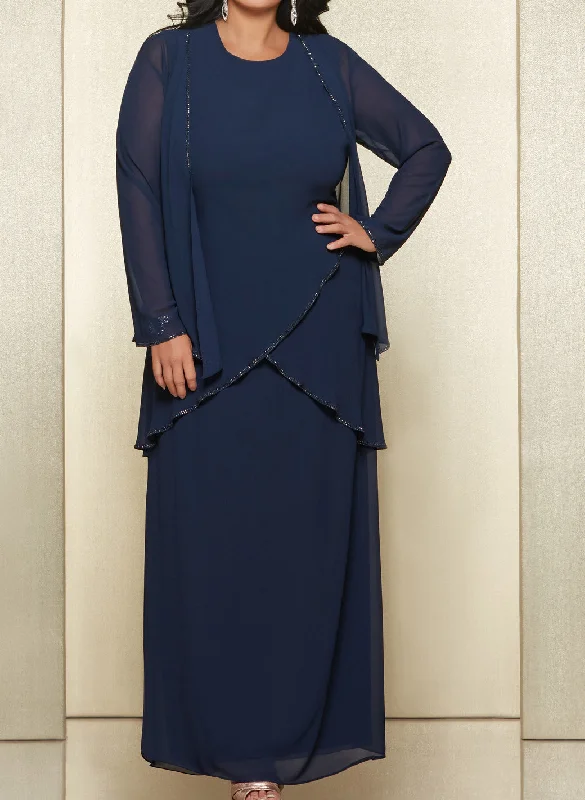 Sheath/Column Round Neck Chiffon Mother of the Bride Dresses with Jacket Herringbone Jacket Checkered Jacket Solid Jacket