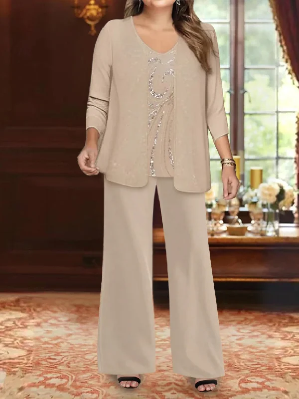 Chiffon V-Neck Floor-Length 3 Pieces Plus Size Mother of the Bride Pantsuits with Jacket & Sequins Herringbone Jacket Checkered Jacket Solid Jacket