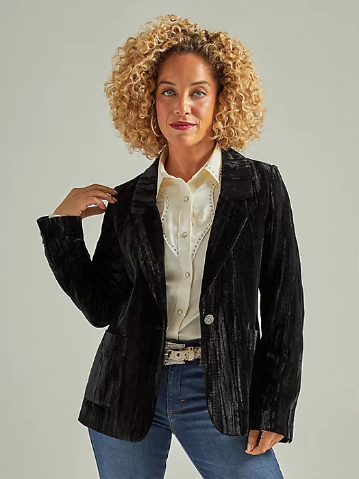 Women's Wrangler Retro® Party Velvet Blazer in Black alternative view 2 Women's Wrangler Retro® Party Velvet Blazer in Black alternative view 3 WOMEN'S WRANGLER RETRO® PARTY VELVET BLAZER IN BLACK Women's Premium Blazer