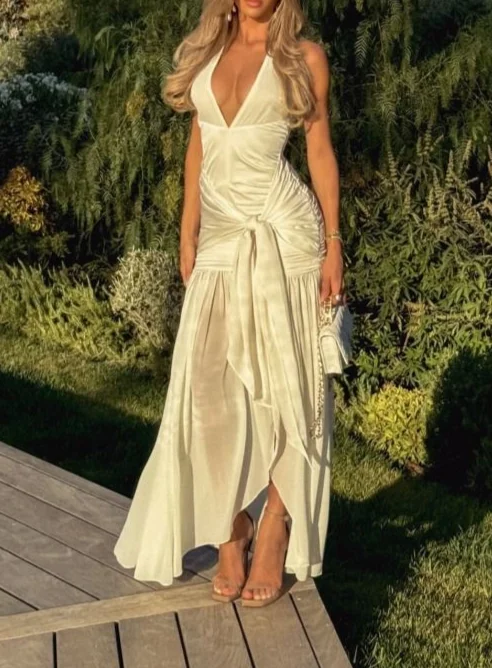 White V Neck A-Line Fashion Summer Vacation Dress Long Party Dress, DP3271 Sequined Elegant Party