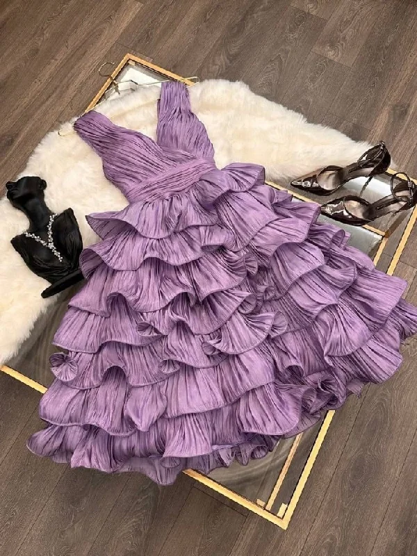 Elegant Purple V Neck A-Line Wavy Tiered Midi Formal Party Dress, DP3507 Tunics Brand named