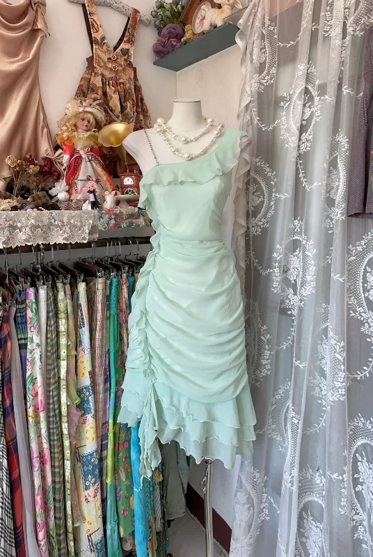 Sage Green Chiffon Ruffles Midi Length Vintage Party Dress Cocktail Dress, D336 Tunics Distressed trendy