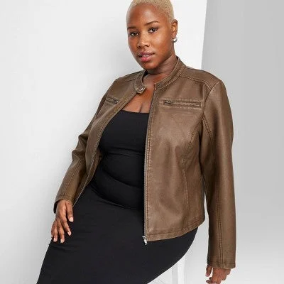 New - Women's Faux Leather Racing Jacket - Wild Fable Brown XXL Chenille Fabric Brocade Fabric Lace Fabric