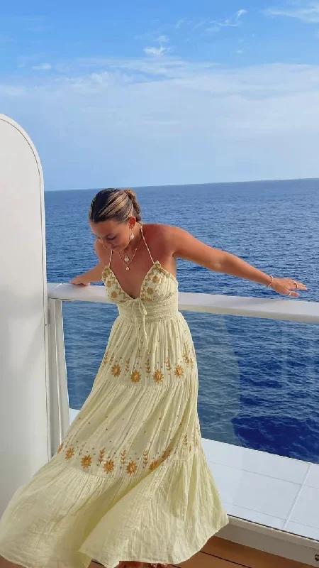 Light Yellow A-Line Halter Backless Embroidery Long Party Dress Trip Dress,DP1937 Tunics Brand named