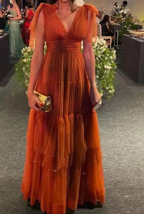 Rust Red V Neck A-Line Tulle Formal Long Party Dress Occasion Dress, DP3406 Tunics Timeless classic