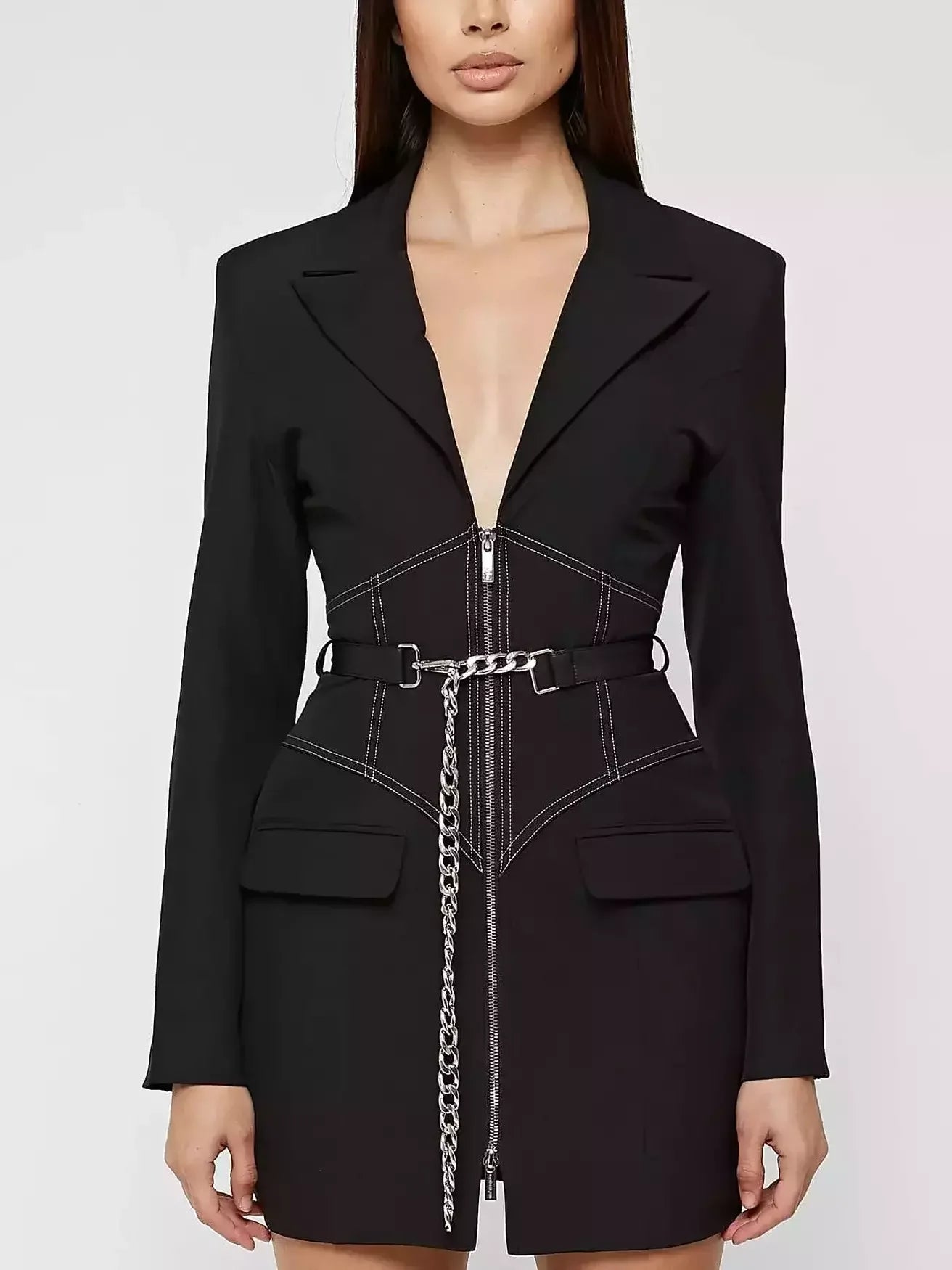 Corset Zip-Front Mini Blazer Dress with Chain Belt Women's Vintage Suit