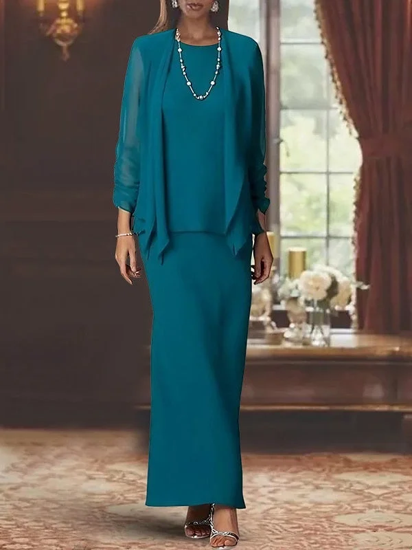 Sheath/Column Scoop Neck Long Sleeves Floor-Length Mother of the Bride Dresses with Jacket Knit Jacket Woven Jacket Fleece Jacket