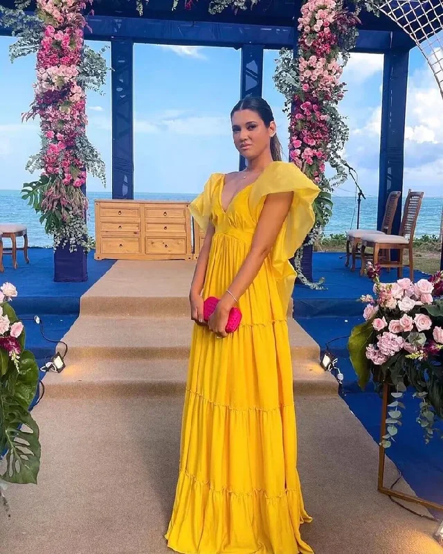 Yellow V Neck A-Line Elegant Long Party Dress, DP2438 Satin Halter Glamorous