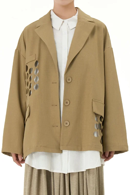 Khaki Blazer With Circle Cut Work Women's Brand Blazer