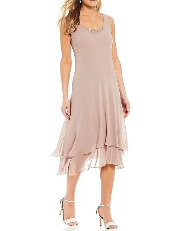 A-Line/Princess Round Neck Sleeveless Tea-Length Mother Of The Bride Pantsuits With Jacket Lace Jacket Ribbed Jacket Sequined Jacket
