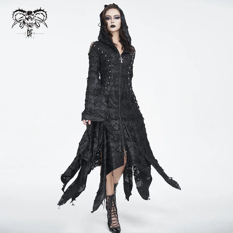 CT225 Dark tattered hooded knitted women's jacket Belted Jacket Elasticated Jacket Padded Jacket