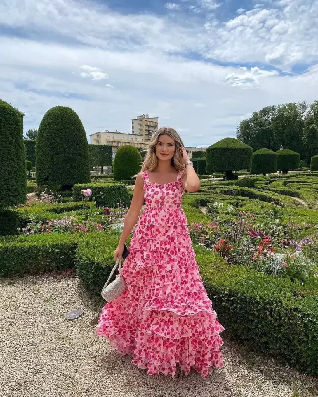 Hot Pink Floral A-Line Straps Chiffon Long Party Dress, DP2422 Pleated Skirt Elegant