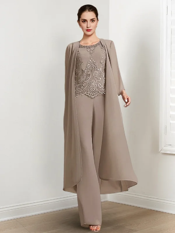 Chiffon Round Neck Floor-Length Mother Of The Bride Pantsuits With Jacket & Applique Mesh Jacket Canvas Jacket Denim Jacket