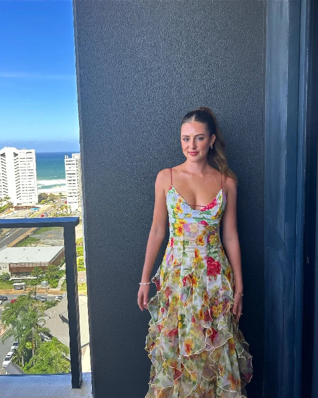 Green Floral Printed A-Line Backless Ruffle Long Party Dress, DP2024 Pencil Length Work