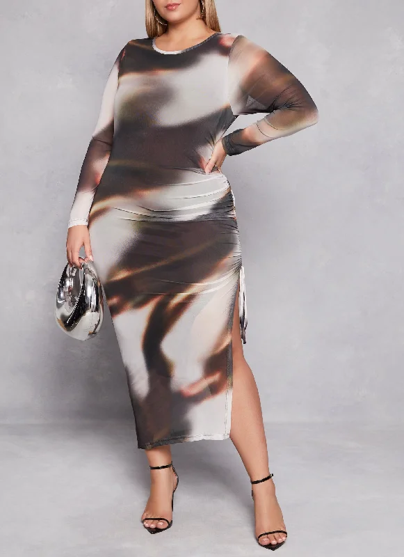 Plus Size Almost Famous Mesh Printed Side Slit Dress