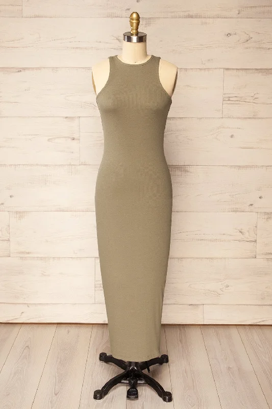 Daegu Khaki | Long Fitted Ribbed Dress