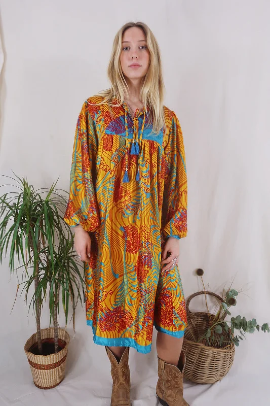 Daphne Dress - Vivid Amber & Turquoise Palms - Vintage Sari - Size S/M