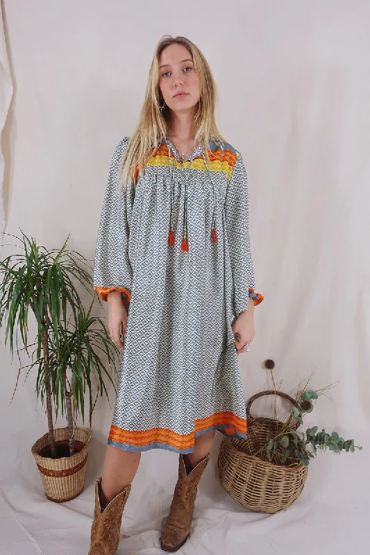 Daphne Dress - Pearl & Cool Blue Zig Zag - Vintage Sari - Size S/M