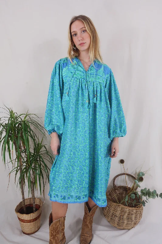 Daphne Dress - Peppermint & Cornflower Leaves - Vintage Sari - Size S/M