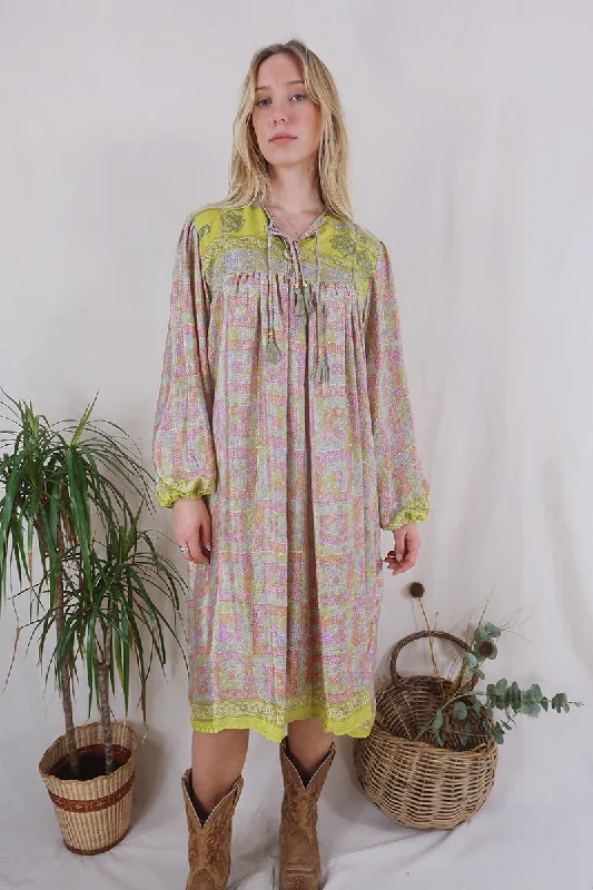 SALE | Daphne Dress - Berry Pink & Lime Tiles - Vintage Sari - Size S/M