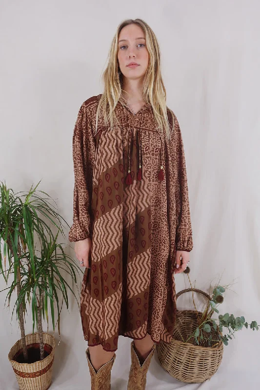 Daphne Dress - Raffia Tan & Ruby Chevron - Vintage Sari - Size S/M