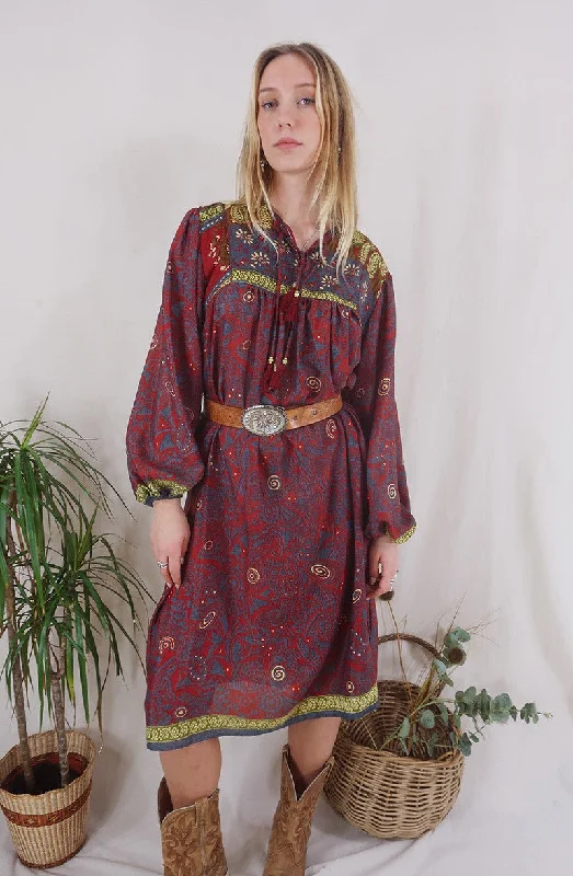 Daphne Dress - Cosmic Red Swirls - Vintage Sari - Size S/M