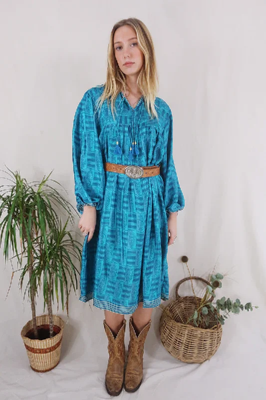 Daphne Dress - Marine Blue Mosaic - Vintage Sari - Size XL