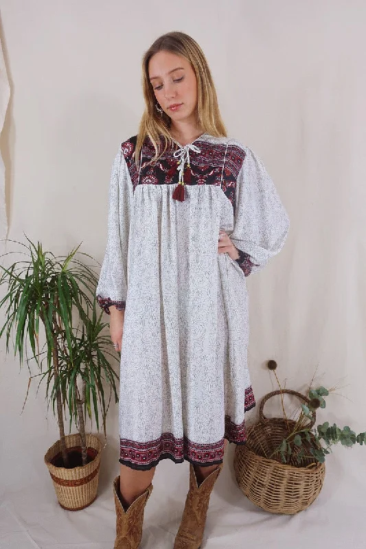 Daphne Dress - Salt White & Sable Vines - Vintage Sari - Size XL