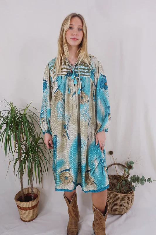 Daphne Dress - Tawny & Teal Marigolds - Vintage Sari - Size XL