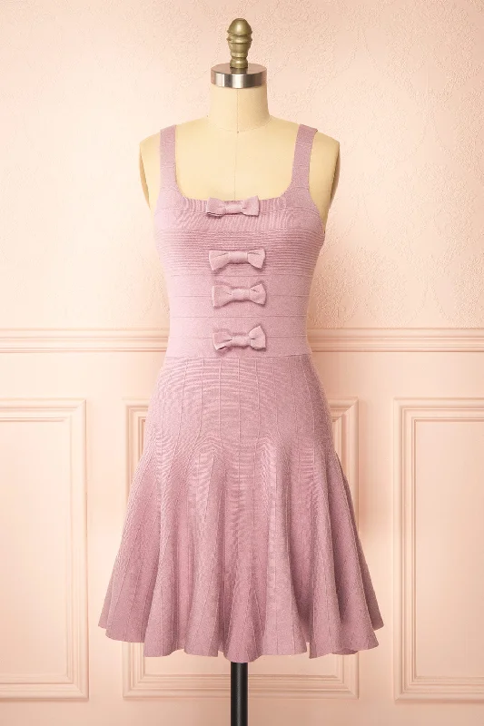 Delphen | Short Mauve Ribbed Dress w/ Bows