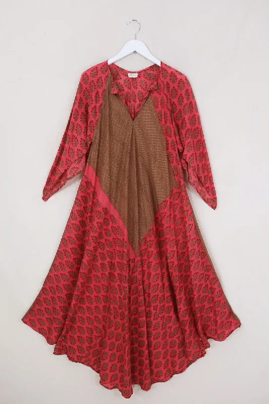 Goddess Dress - Bronze & Berry Motif - Vintage Silk - Free Size