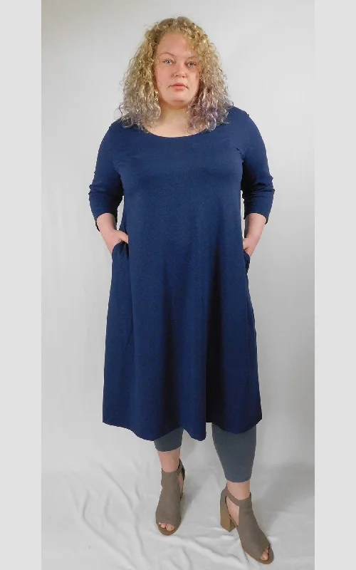 Hemp Organic Cotton 3/4 Sleeve Long Tunic Dress w Pockets - Navy