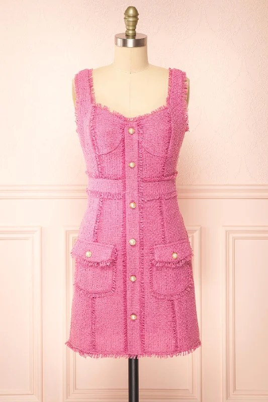 Ismay | Pink Tweed Fitted Dress w/ Pearl Buttons
