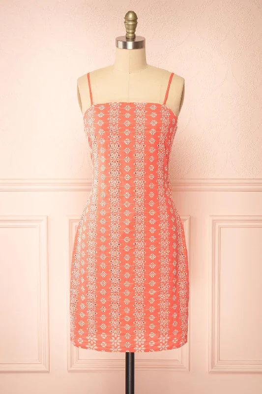 Midge | Tie-Back Short Coral Openwork Dress
