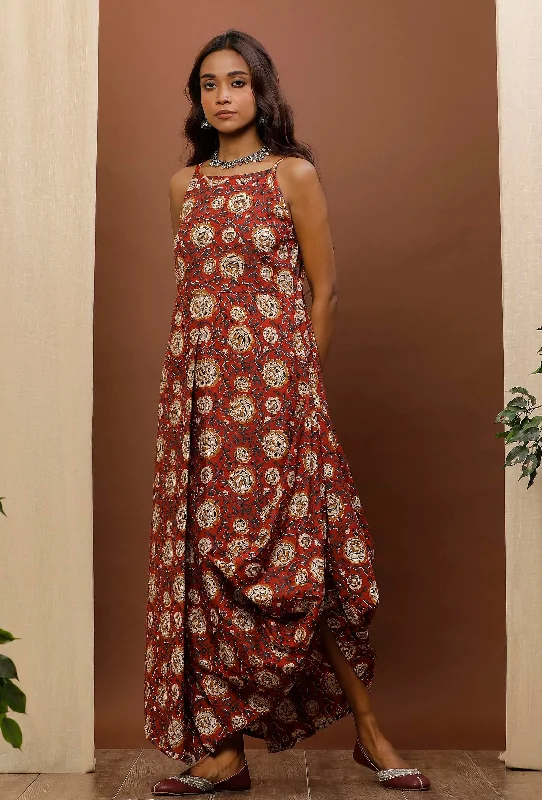 Rust Kalamkari Cowl Cotton Dress