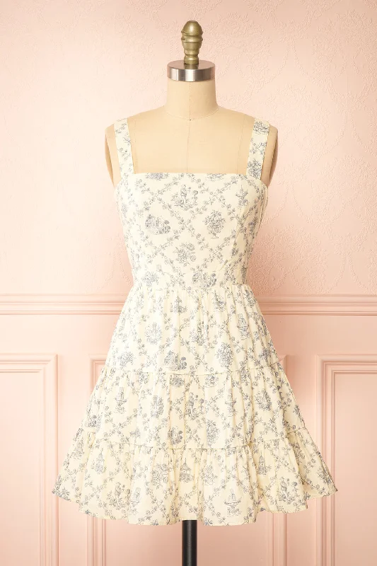 Selvina | Short Beige Dress w/ Vintage Motif