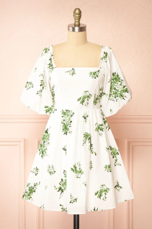 Vertuosa | Short White Dress w/ Green Flowers