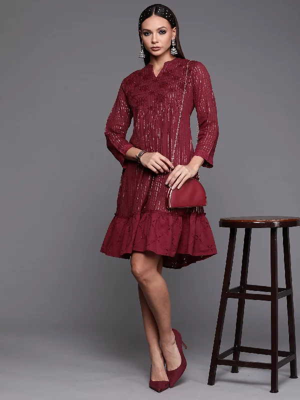 Women's Maroon Embroidered A-Line Dresses  - Indo Era