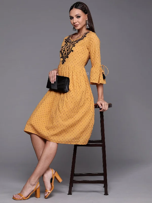 Women's Mustard Embroidered A-Line Dresses  - Indo Era