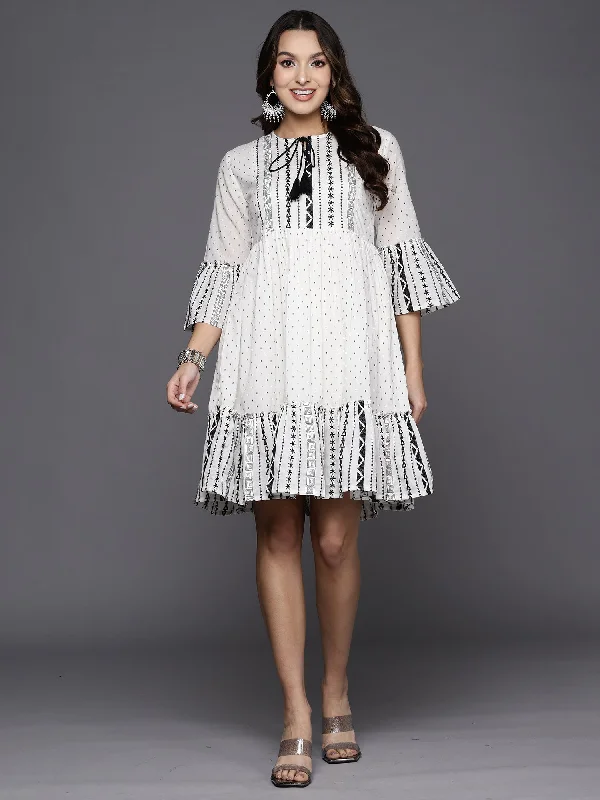 Women's White Printed A-Line Ethnic Dress - Indo Era