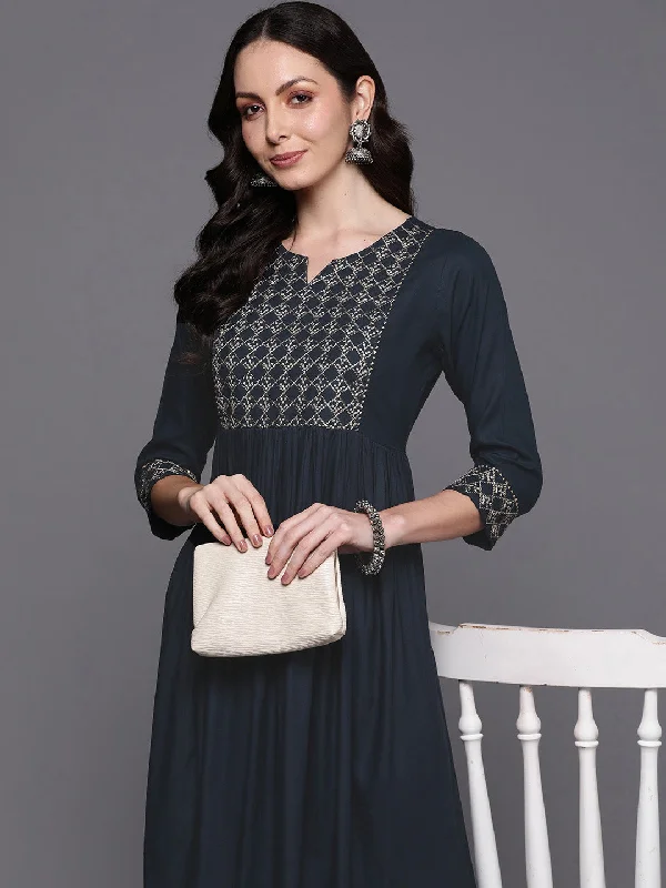 Women's Blue Embroidered A-Line Ethnic Dress - Indo Era
