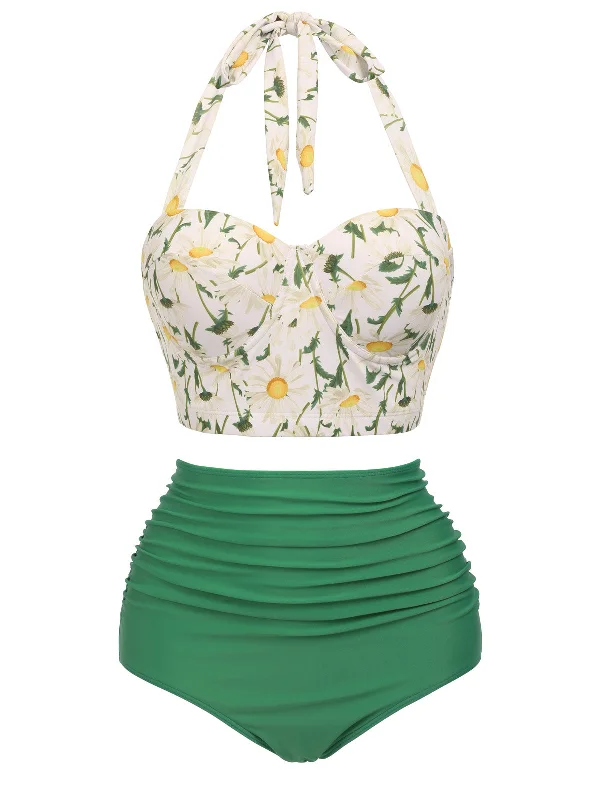 1950s Floral Halter Ruched High Waisted Bikini Set Contrast bikini, Stylish, Chic, Trendy