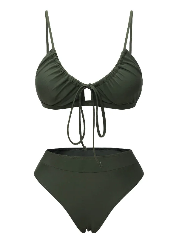 Army Green 1950s Solid Drawstring Halter Bikini Button-up bikini, Trendy, Comfortable, Fashionable