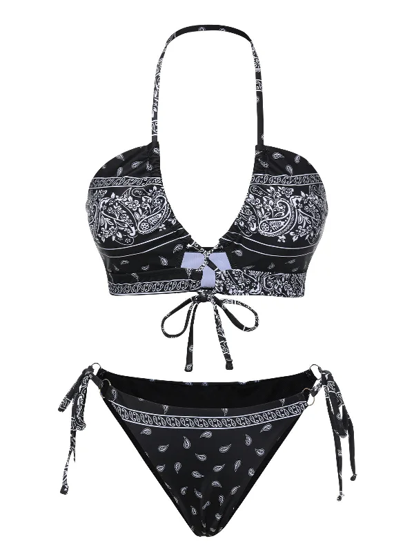 Black 1930s Cashew Flowers Lace-Up Bikini Set Strapless bikini, Sexy, Chic, Comfortable