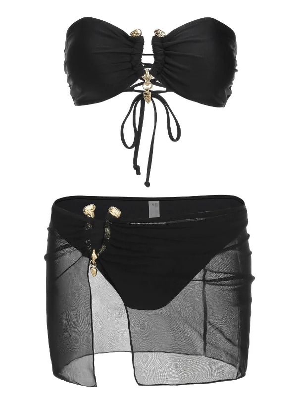 Black 1950s Solid Bikini Set With Skirt Halter neck bikini set, Sexy, Comfortable, Stylish