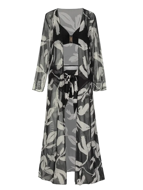 Black 1970s Leaves Strap Bikini & Long Cover-Up Bikini with tie sides, Adjustable, Comfortable, Trendy