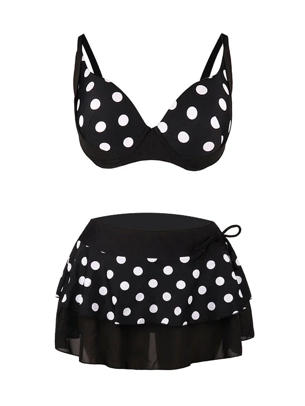 Black 1960s Polka Dot Bikini Set with Skirt Two-piece bikini, Classic, Comfortable, Swimwear