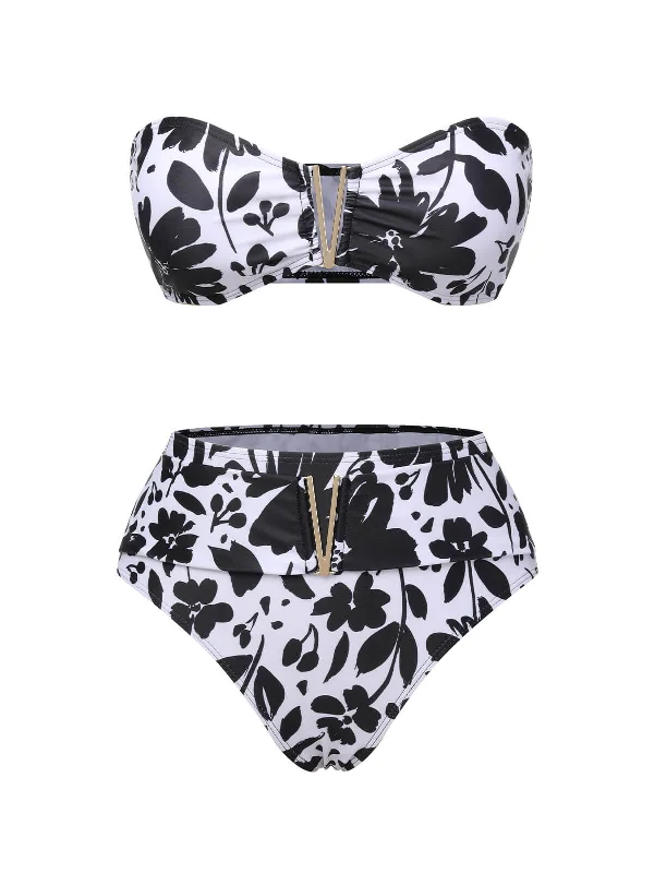 Black & White 1950s Plants Silhouette Bandeau Bikini Front tie bikini, Sexy, Comfortable, Stylish Black & White 1950s Plants Silhouette Bandeau Bikini Front tie bikini, Sexy, Comfortable, Stylish